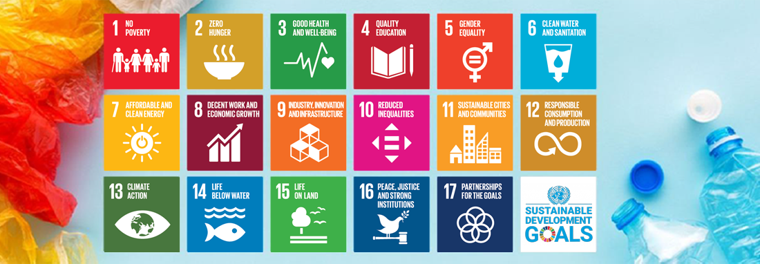 Graphic: Sustainagle Development Goals by the United Nations. 17 icons contain: 1. No povery; 2. Zero hunger; 3. Good health and well-being; 4. Quality education; 5. Gender equality; 6. Clean watr and sanitation; 7. Affordable and clean energy; 8. Decent work and economic growth; 9. Industry, innovation and infrastructure; 10. Reduced inequalities; 11. Sustainable cities and communities; 12. Responsible consumption and production; 13. Climate action; 14. Life below water; 15. Life on land; 16. Peace, justice and strong institutions, and 17. Partnerships for the goals.