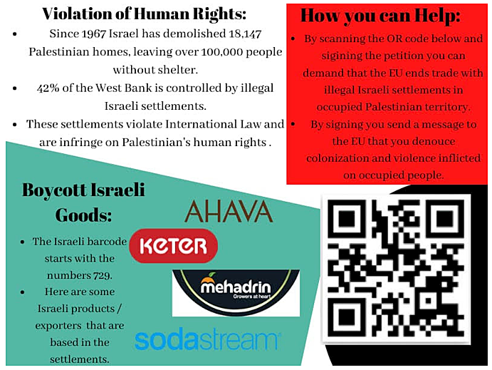Graphic: Poster divided in 3 sections: 1. Violation of human rights: Since 1967 Israil has demolished 18,147 Palestinian homes, leaving 100,000 people without shelter and controlled 42% of the west bank with Israeli settlements. This is an infringement in Palestinian human rights. 2. Boycott Israeli goods: Israeli barcode starts with 729. some products based in the settlements are: Ahava, Keter, Mehadrin and Sodastream. 3. How you can help: Scan the QR code below and sign a petition to demand the EU ends trade with Israel; you denounce colonisation and violence on occupied people.