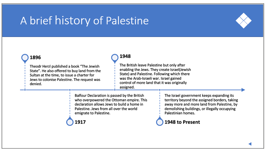 Graphic: A brief history of Palestine: 1896 Theodr Herzl offer to buy land from te Sultan for Jews to colonise Palestine was denied. 1917 the Balfour Declaration passed b the British allows Jews to build homes in Palestine. 1948 the British leave creating Israel and Palestine states, followed by the Arab-Israeli war and Israel gaining control of more land that what was assigned. 1948 to present: Israel keeps expanding its territory taking more land from Palestine.