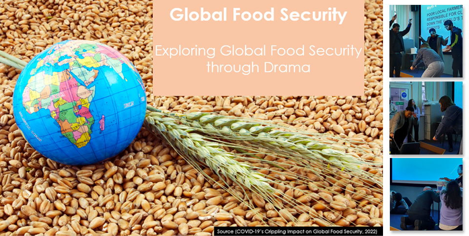 Title image: Global food security: Exploring global food security through drama. Image of the Earth as a globe on a background of rice. In addition, three pictures of the group presenting a dramatisation of the subject.