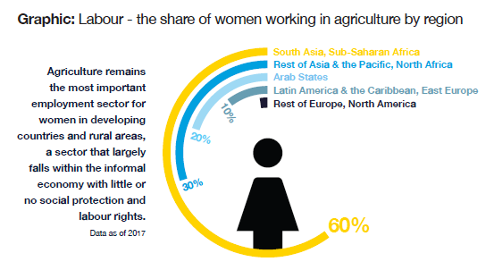 Graphic: Labour - the share of women working in agriculture by region. Agriculture remains the most important employment sector for women in developing countries and rural areas. A sector that largerly falls within the informal economy with little or no social protection and labour rights (data as of 2017). Circular bars show percentage of women working in agriculture: South Asia, Sub-Saharan Africa 60%; Rest of Asia, Pacific and NOrth Africa 30%; Arab States 20%; Latin America, Caribbean and East Europe 10%; Rest of Europe and North America 2%.