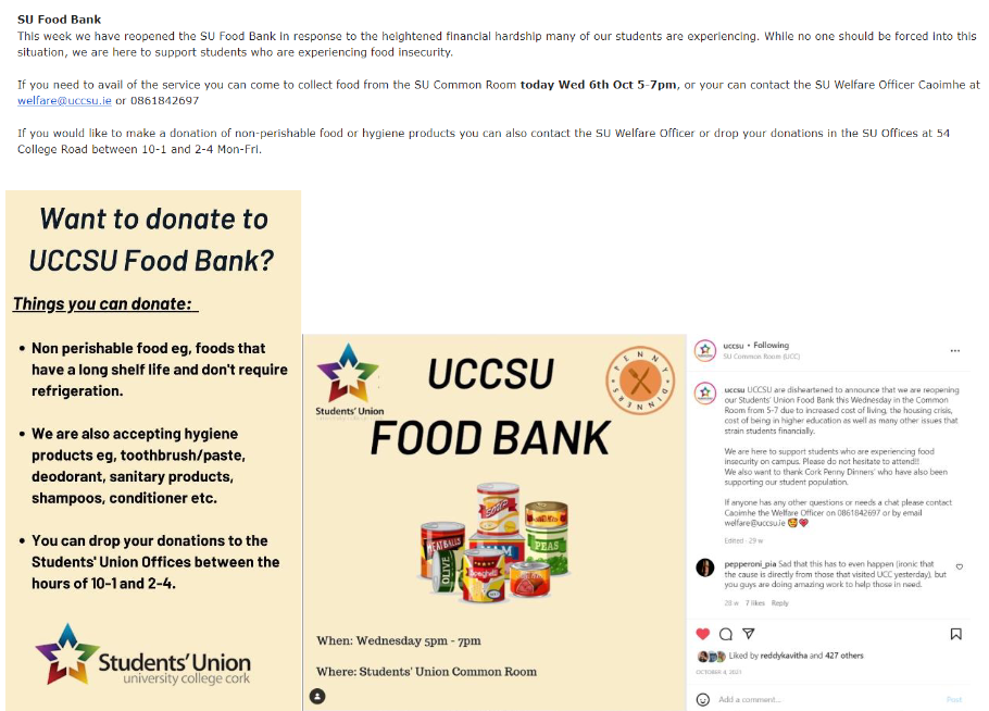 Students’ Union post announcing reopening of the food bank for students, instructions to donate food and hygiene products and social media sample of response from students. UCC, 2022.