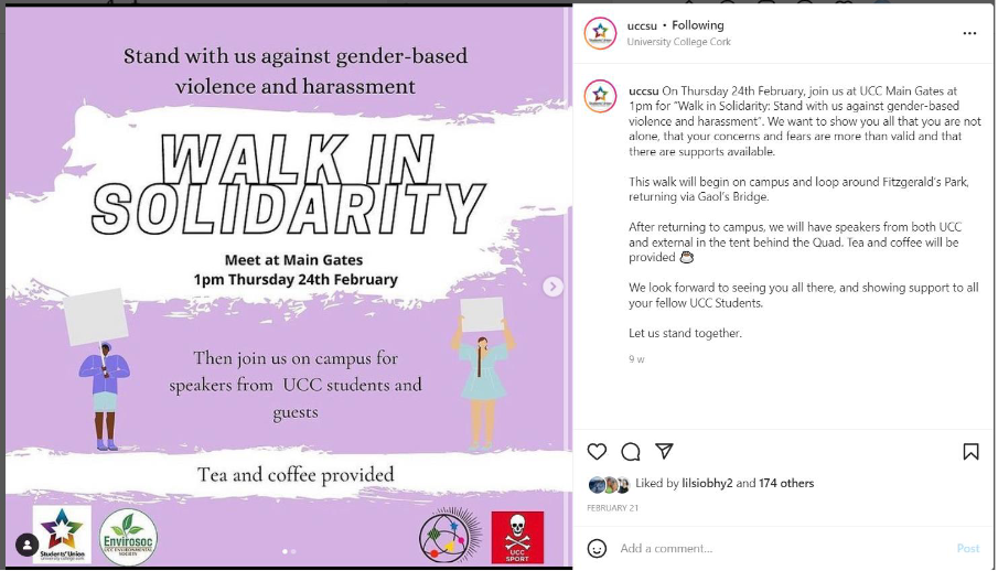 Graphic: Walk in solidarity event in February 2022, announced on a poster and in social media by UCC Students’ Union.