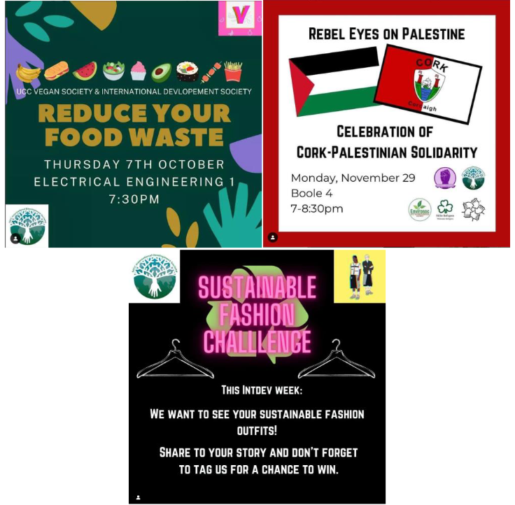 Graphic: Three posters about Reduce your food waste; Celebration of Cork-Palestine solidarity, and Sustainable fashion challenge, between October and November 2021.