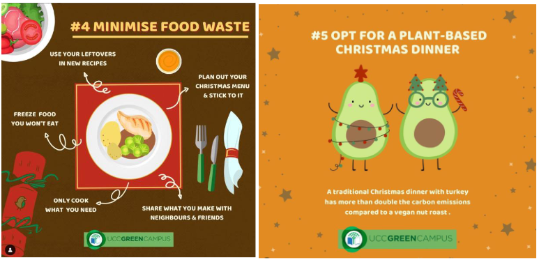 Graphic: Christmas posters showing: Minimise food waste and Opt for a plant-based Christmas dinner.