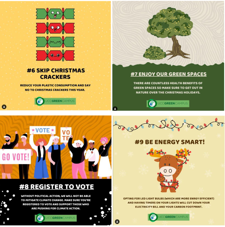 Graphic: Christmas posters showing: Skip Christmas crackers; Enjoy green spaces; Register your vote and Be energy smart.