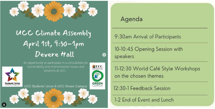 Graphic: UCC Climate assembly poster inviting participation on 1st April 2022, and the agenda for the event.