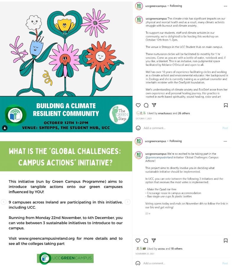 Graphic: Green Campus posters and social media post on Building a climate resilient community and Campus actions, between October and December 2021.