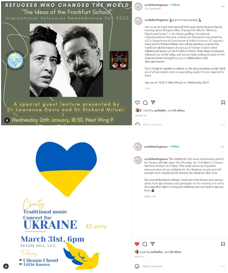 Graphic: Posters and social media post about Refugees who changed the world from January 2022, and Traditional music concert for Ukraine from March 2022