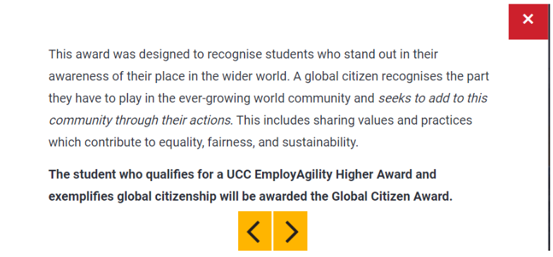 Graphic with text: This award was designed to recognise students who stand out in their awareness of their place in the wider world. A global citizen recognises the part they have to play in the ever-growing world community and seeks to add to this community through their actions. This includes sharing values and practices which contribute to equality, fairness, and sustainability.