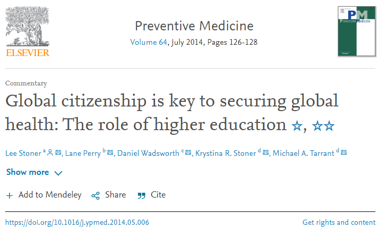 Graphic: Journal article by Stoner L. et al (2014) Global citizenship is key to securing global health: The role of higher education. Preventive Medicine, vol 64, pp 126-128.