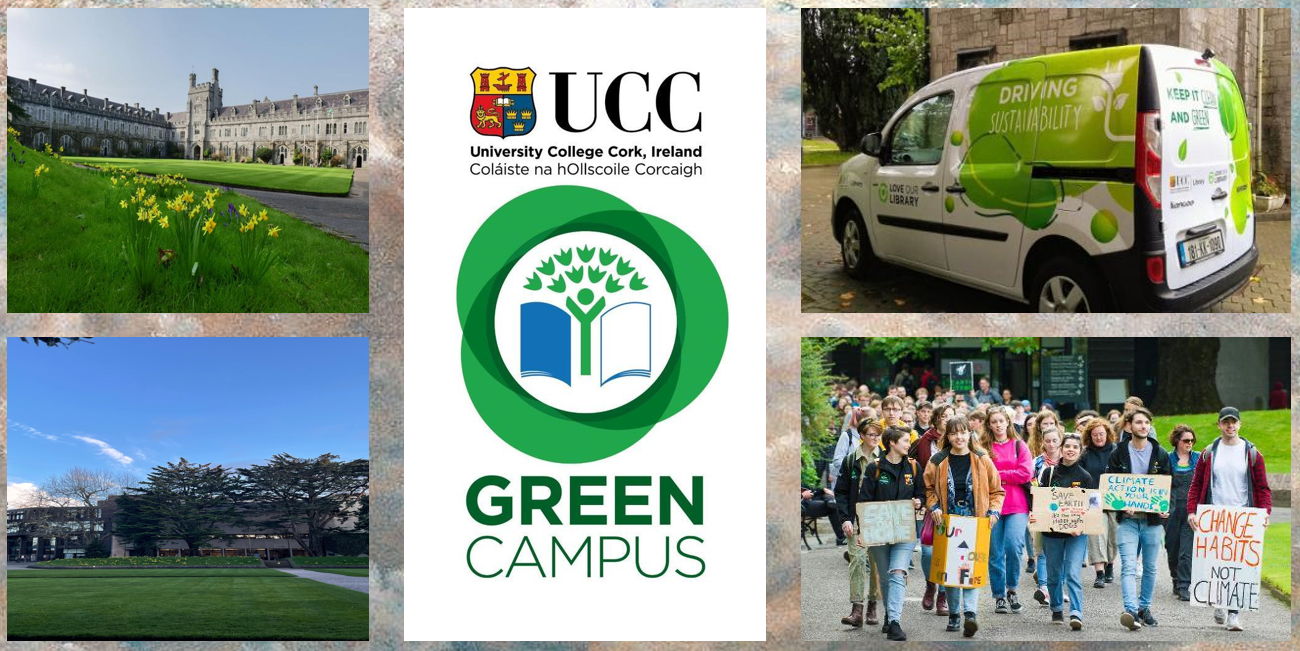 UCC Green Campus poster and photos of campus