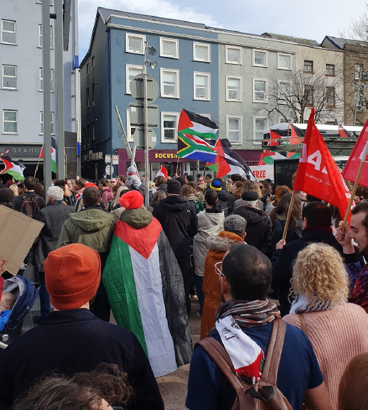 Palestine protest march, flags. Cork, Ireland, 24 Feb 2024.