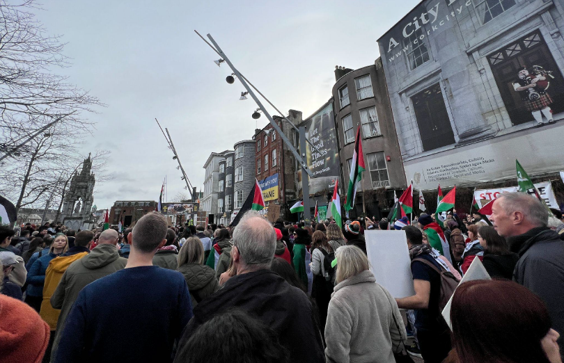 Palestine protest march, rear-view, Cork, Ireland, 24 Feb 2024.